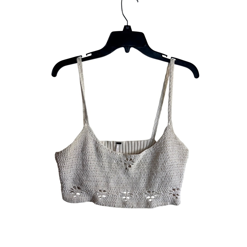 Free People Crochet Crop Top M Cream Beige Floral Knit Cami Womens